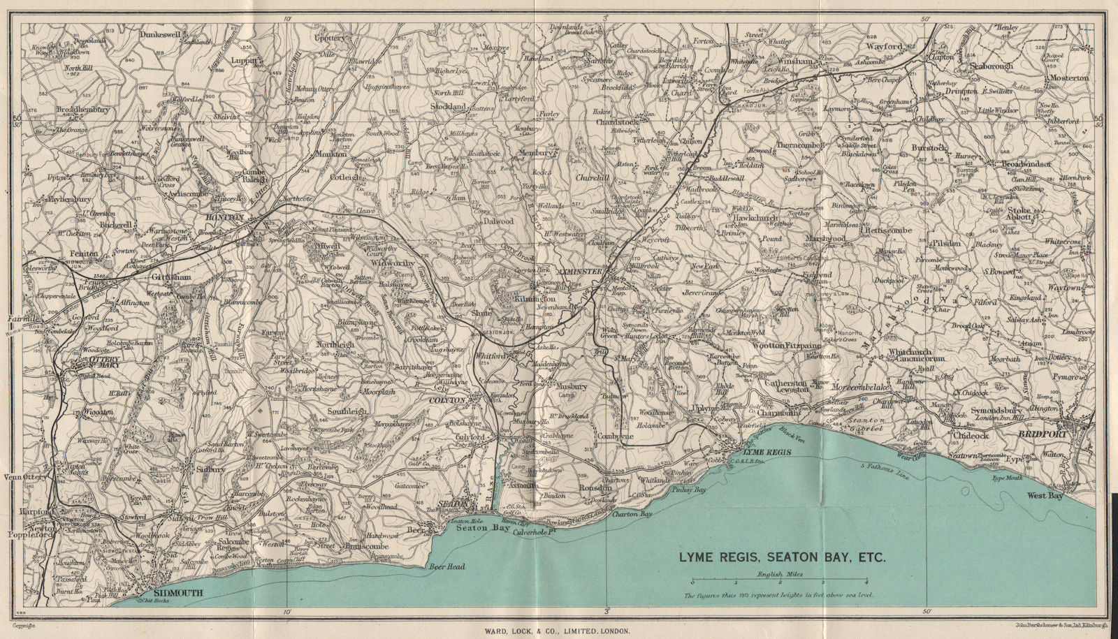 JURASSIC COAST Sidmouth Seaton Lyme Regis Bridport Honiton Dorset Devon 1952 map